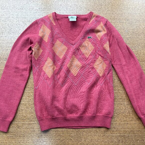 LACOSTE Pink and Orange Pattern V-Neck Sweater - Picture 1 of 5